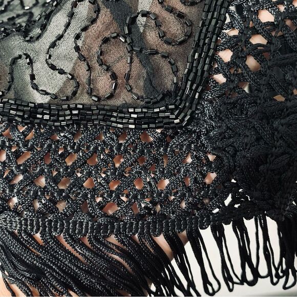 Scala Black Beaded Fringe Sheer Shawl Wrap Boho Jeweled Special Occasion Chic - Picture 3 of 11